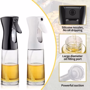 Reusable food-grade olive oil spray bottle for cooking, grilling, baking, and air frying with fine mist spray.