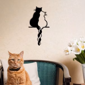 Black metal wall art featuring two romantic cats in a minimalist silhouette design, perfect for living room or bedroom decor.